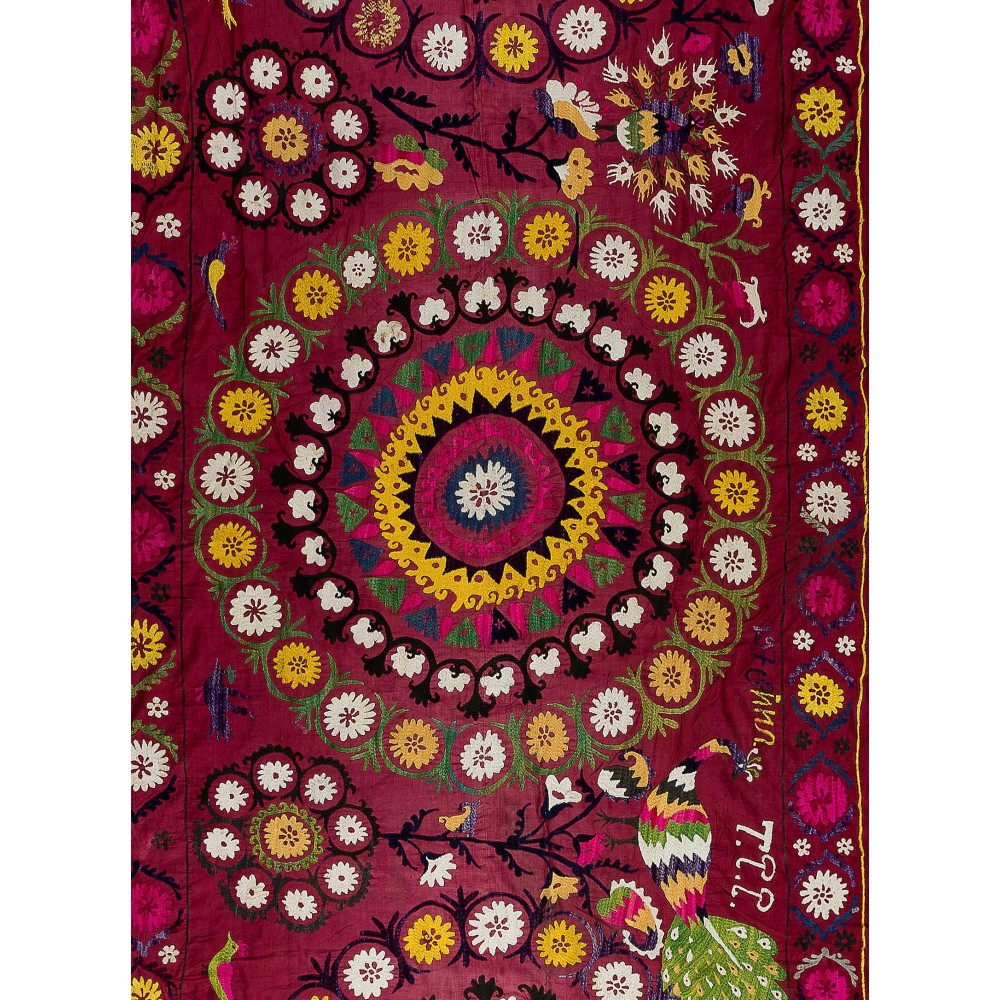 Silk Hand Embroidery Table Runner, Vintage Suzani Textile Wall Hanging, Burgundy Red Tapestry