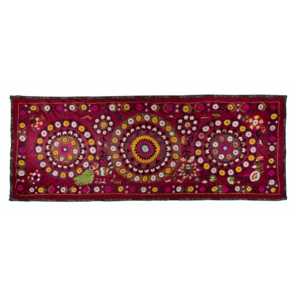 Silk Hand Embroidery Table Runner, Vintage Suzani Textile Wall Hanging, Burgundy Red Tapestry