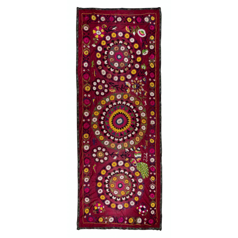 Silk Hand Embroidery Table Runner, Vintage Suzani Textile Wall Hanging, Burgundy Red Tapestry