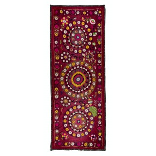 Silk Hand Embroidery Table Runner. Vintage Suzani Textile Wall Hanging. Burgundy Red Tapestry
