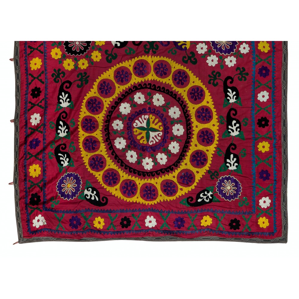 Vintage Silk Hand Embroidery Bed Cover, Central Asian Suzani Wall Hanging
