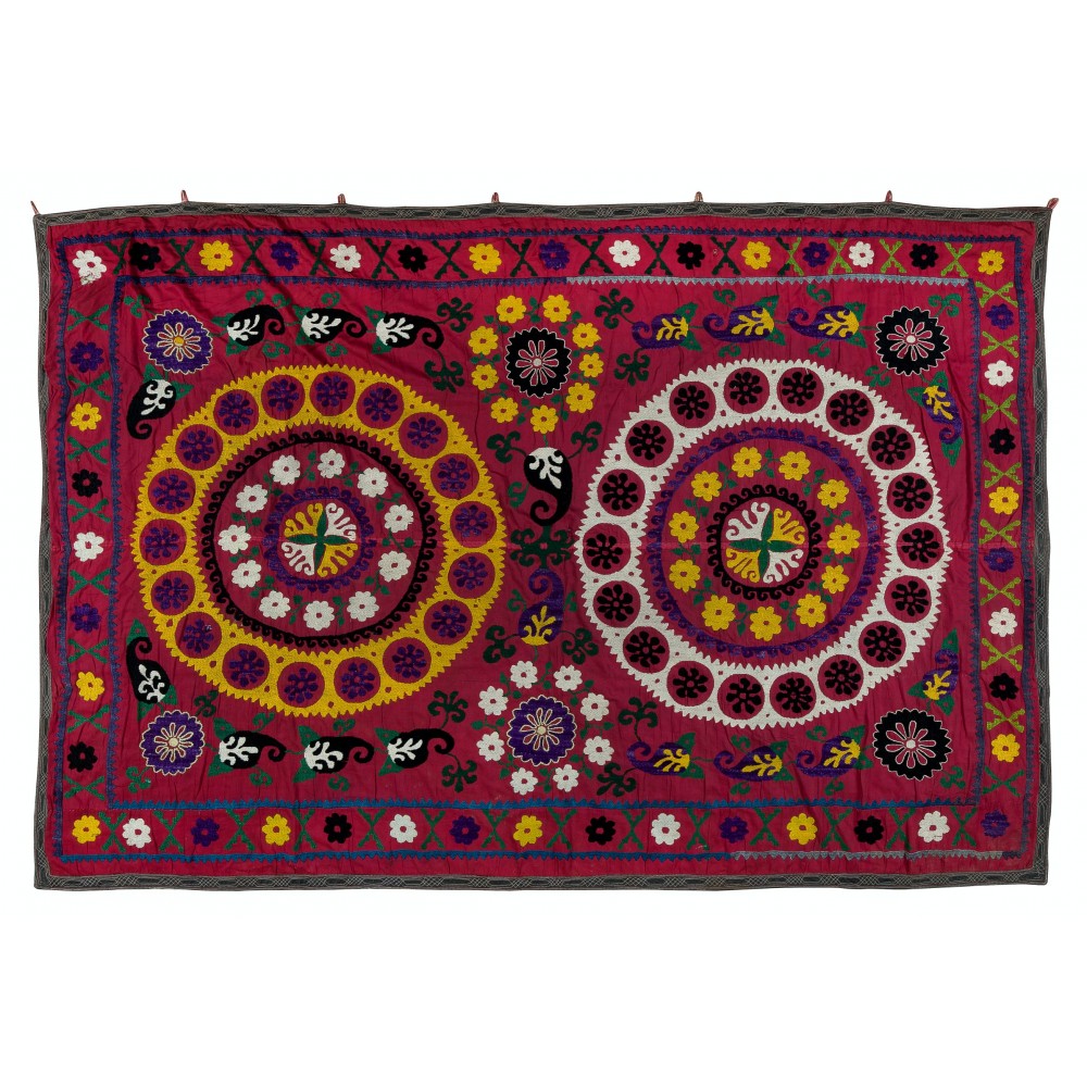 Vintage Silk Hand Embroidery Bed Cover, Central Asian Suzani Wall Hanging