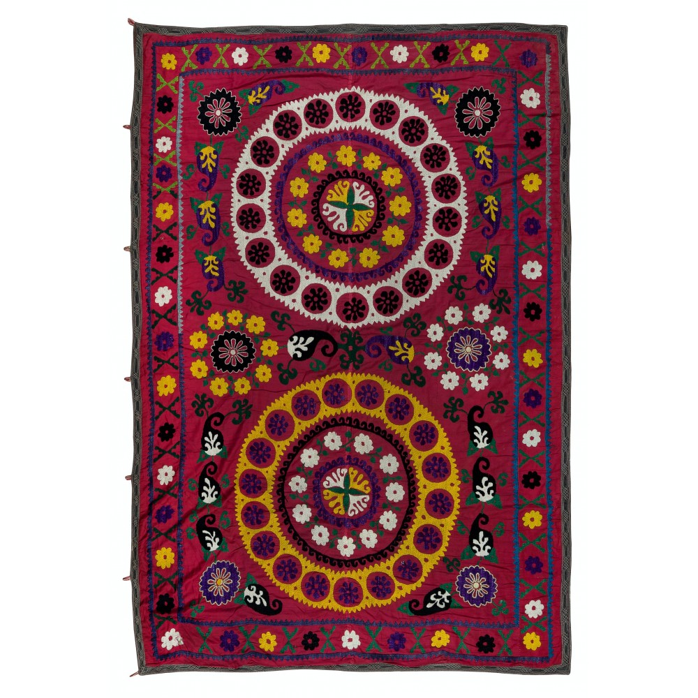 Vintage Silk Hand Embroidery Bed Cover, Central Asian Suzani Wall Hanging