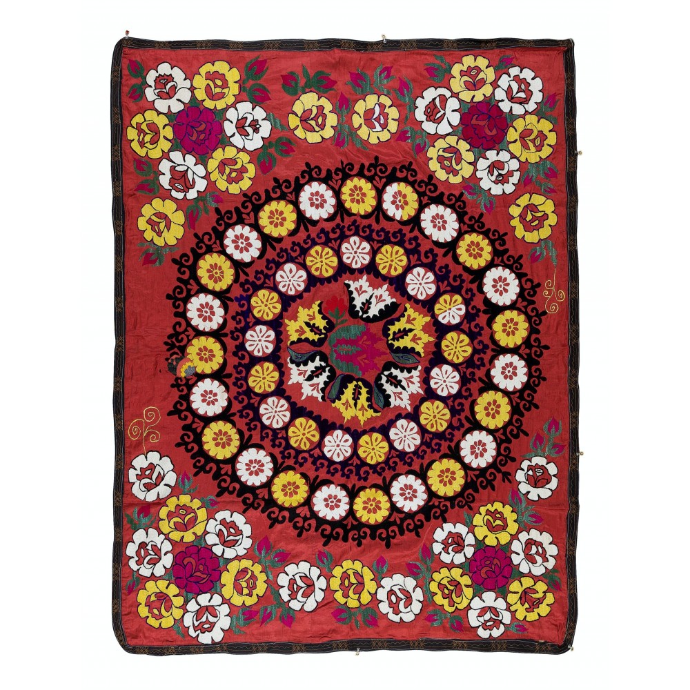 Vintage Traditional Silk Embroidery Bed Cover, Asian Suzani Wall Hanging