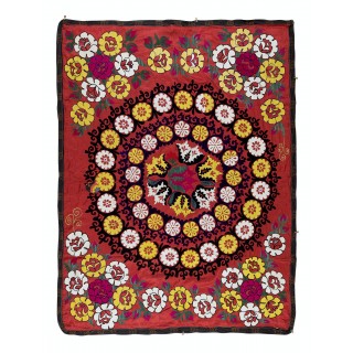 Vintage Traditional Silk Embroidery Bed Cover. Asian Suzani Wall Hanging