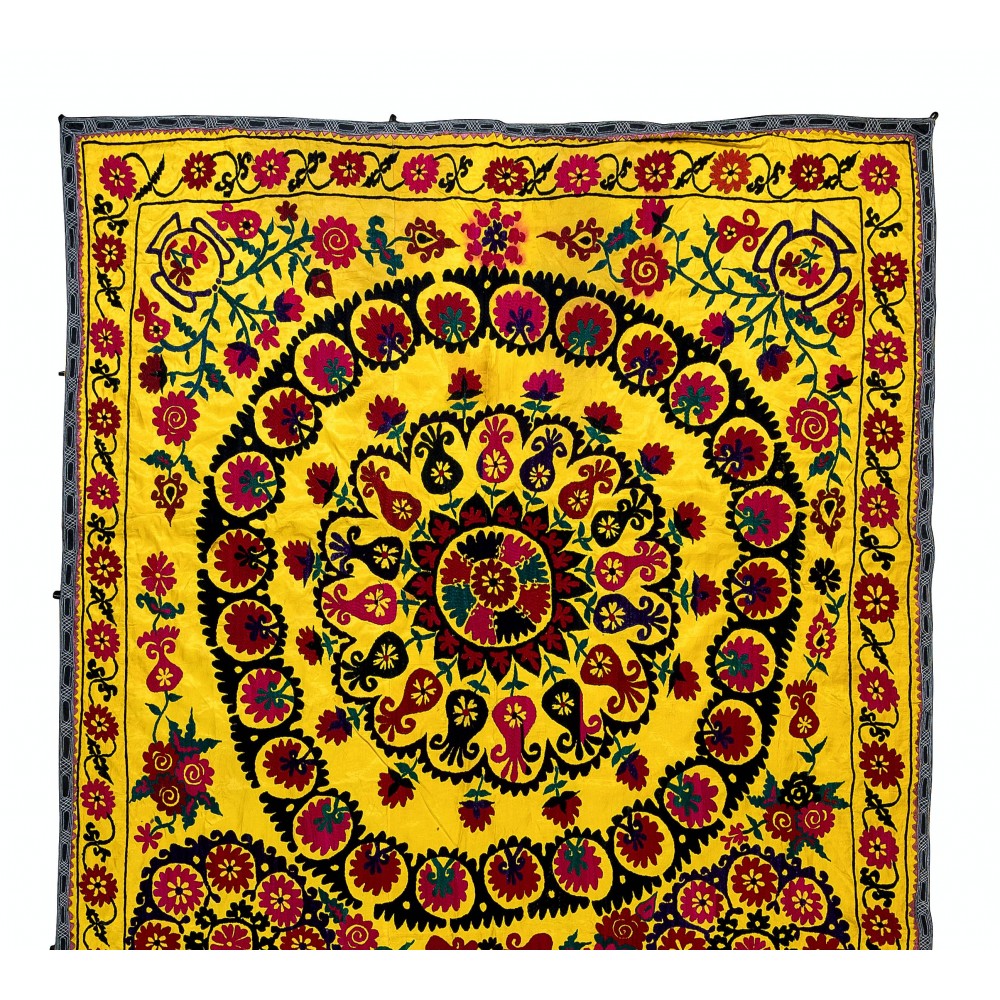 Silk Hand Embroidery Bed Cover, Vintage Tapestry, Yellow Color Suzani Fabric Wall Hanging