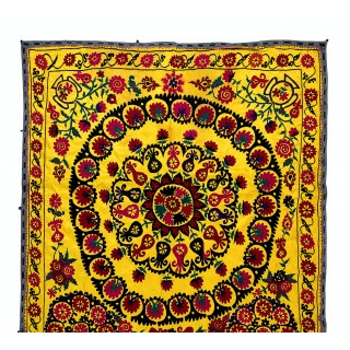 Silk Hand Embroidery Bed Cover. Vintage Tapestry. Yellow Color Suzani Fabric Wall Hanging
