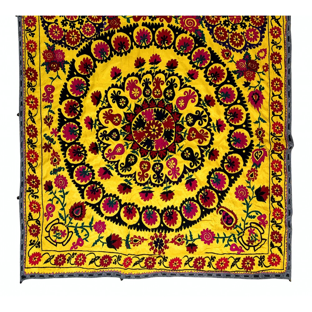 Silk Hand Embroidery Bed Cover, Vintage Tapestry, Yellow Color Suzani Fabric Wall Hanging