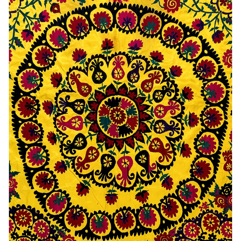 Silk Hand Embroidery Bed Cover, Vintage Tapestry, Yellow Color Suzani Fabric Wall Hanging