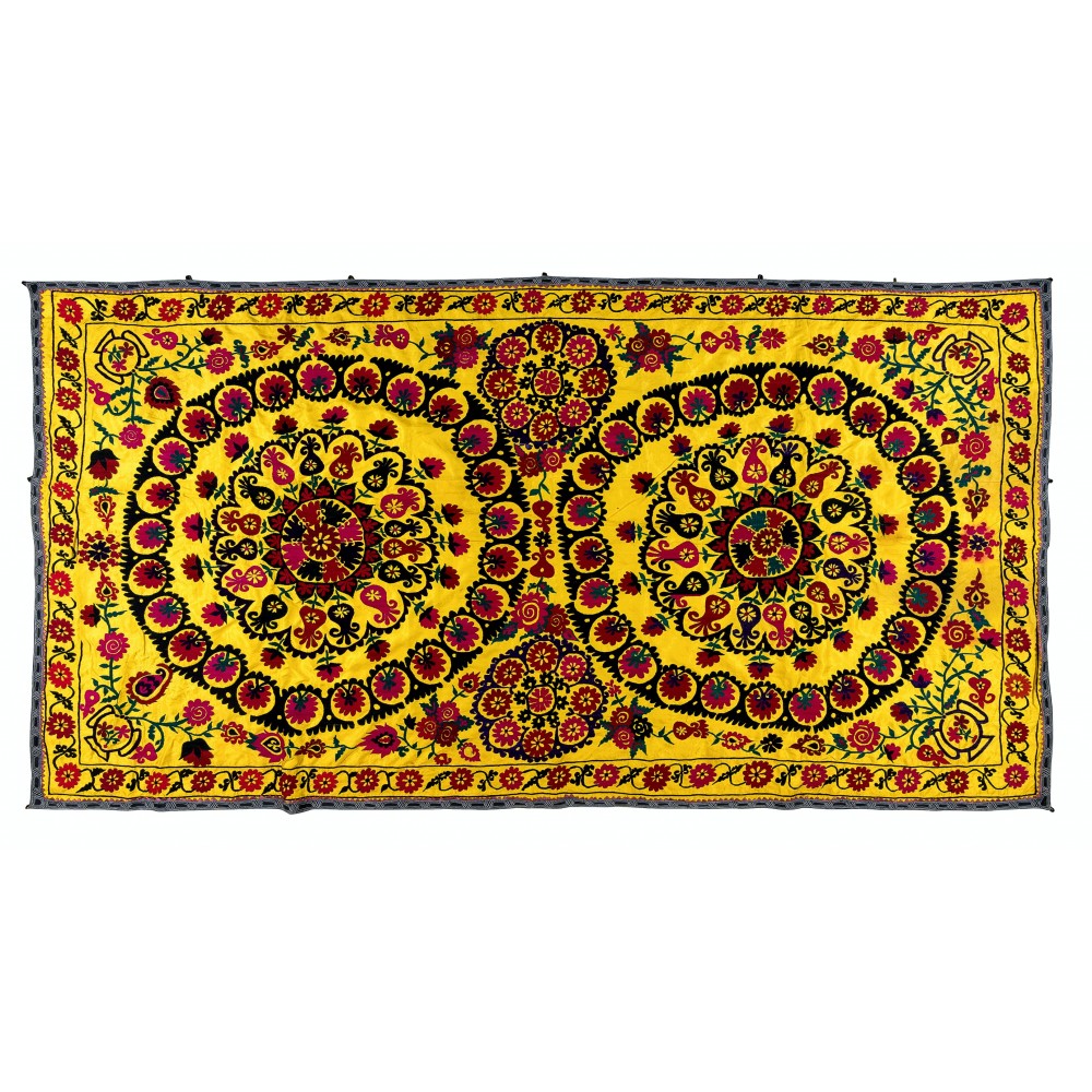 Silk Hand Embroidery Bed Cover, Vintage Tapestry, Yellow Color Suzani Fabric Wall Hanging