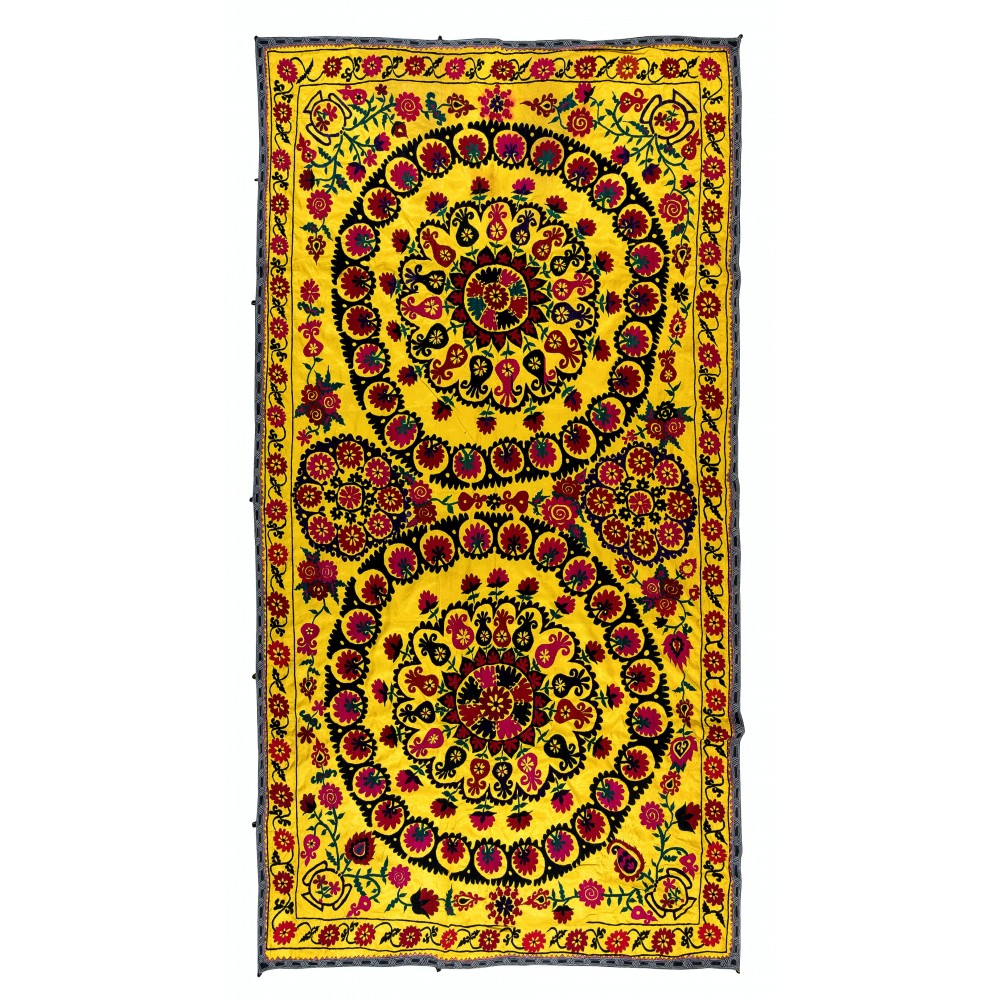 Silk Hand Embroidery Bed Cover, Vintage Tapestry, Yellow Color Suzani Fabric Wall Hanging
