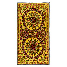 Silk Hand Embroidery Bed Cover. Vintage Tapestry. Yellow Color Suzani Fabric Wall Hanging