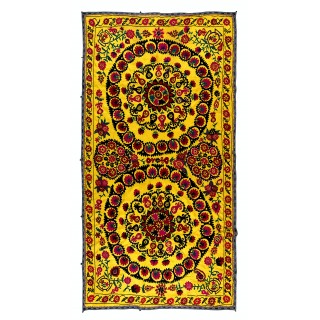 Silk Hand Embroidery Bed Cover. Vintage Tapestry. Yellow Color Suzani Fabric Wall Hanging