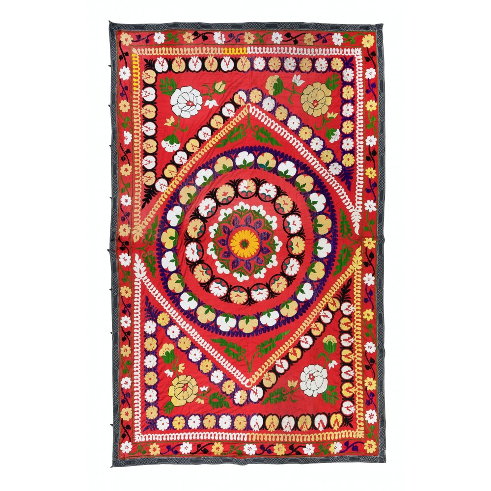 Suzani Embroidery Wall Hanging in Red, Uzbek Silk and Cotton Bed Cover, Vintage Table Cover, Rustic Wall Decor