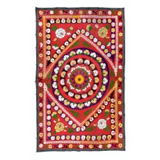 Suzani Embroidery Wall Hanging in Red. Silk and Cotton Bed Cover. Vintage Table Cover. Wall Decor