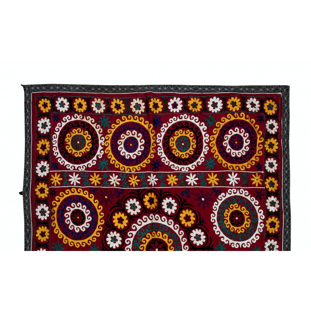 Gorgeous Silk Suzani Wall Hanging in Burgundy Red, Hand Embroidery Throw, Vintage Bedspread