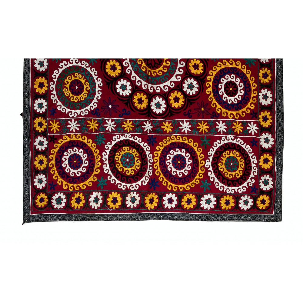 Gorgeous Silk Suzani Wall Hanging in Burgundy Red, Hand Embroidery Throw, Vintage Bedspread