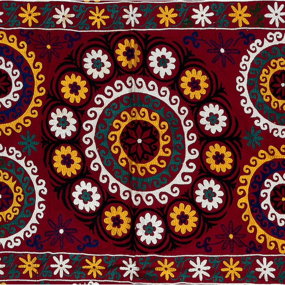 Gorgeous Silk Suzani Wall Hanging in Burgundy Red, Hand Embroidery Throw, Vintage Bedspread