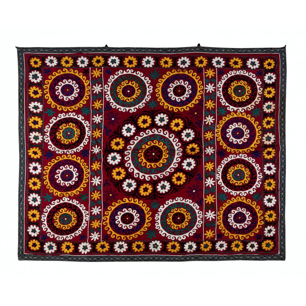 Gorgeous Silk Suzani Wall Hanging in Burgundy Red, Hand Embroidery Throw, Vintage Bedspread