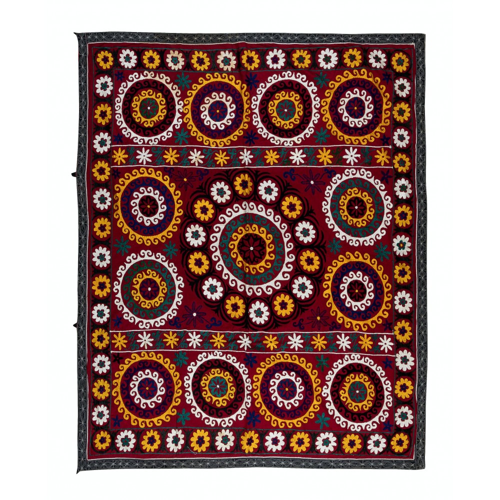 Gorgeous Silk Suzani Wall Hanging in Burgundy Red, Hand Embroidery Throw, Vintage Bedspread