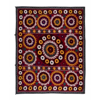 Silk Suzani Wall Hanging in Burgundy Red. Hand Embroidery Throw. Vintage Bedspread