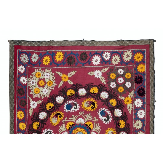Vintage Uzbek Hand Embroidered Bed or Table Cover, Decorative Silk & Cotton Wall Hanging