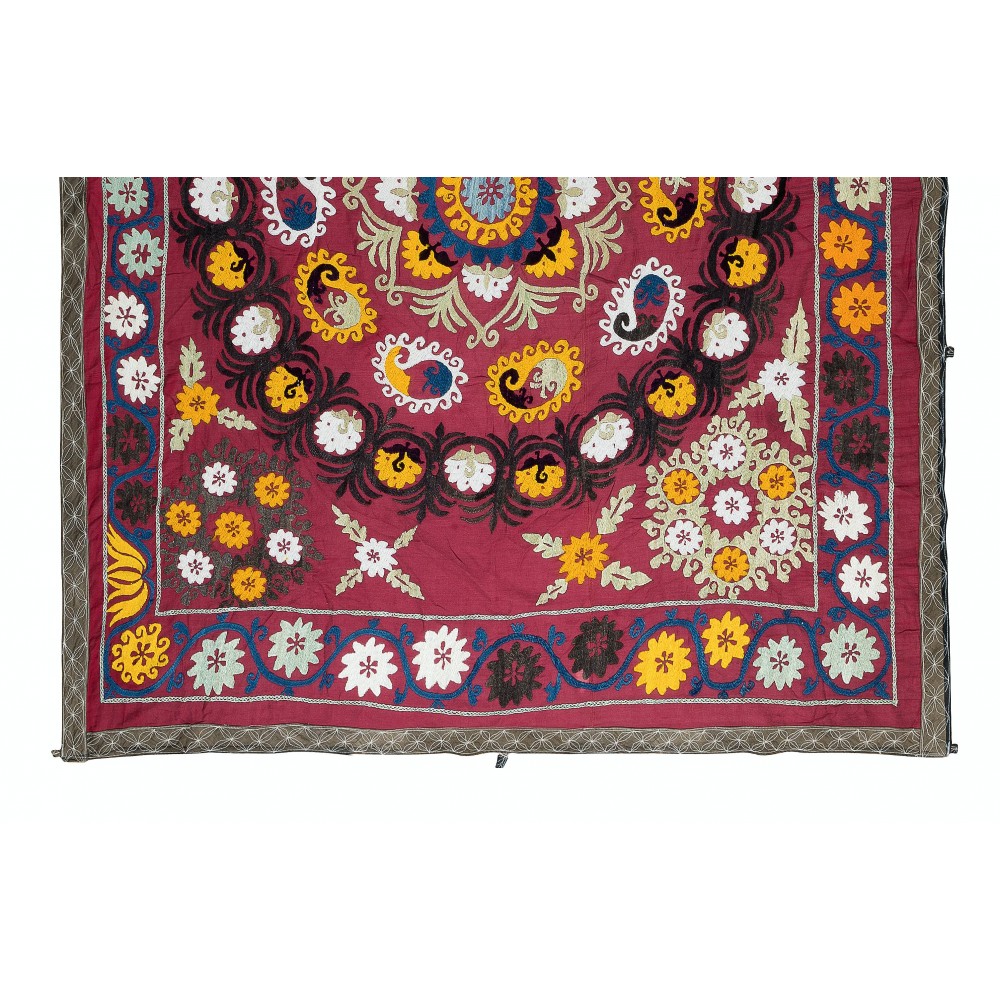 Vintage Uzbek Hand Embroidered Bed or Table Cover, Decorative Silk & Cotton Wall Hanging