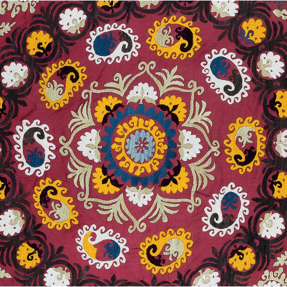 Vintage Uzbek Hand Embroidered Bed or Table Cover, Decorative Silk & Cotton Wall Hanging