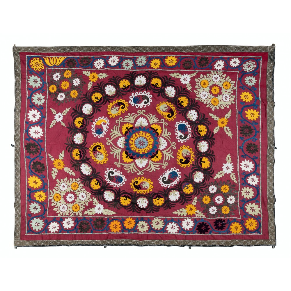 Vintage Uzbek Hand Embroidered Bed or Table Cover, Decorative Silk & Cotton Wall Hanging