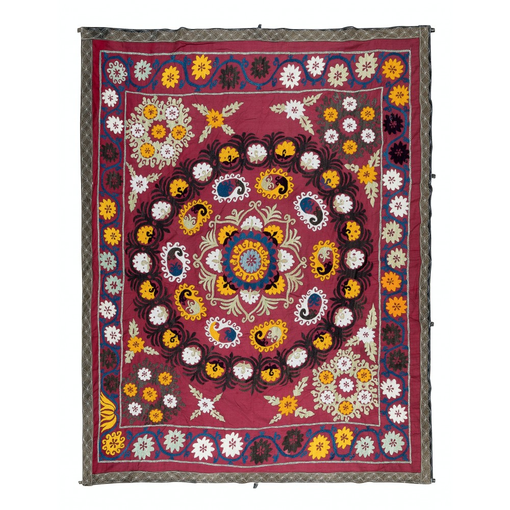 Vintage Uzbek Hand Embroidered Bed or Table Cover, Decorative Silk & Cotton Wall Hanging