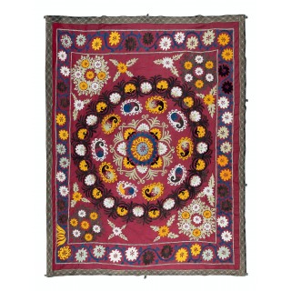Vintage Uzbek Hand Embroidered Bed or Table Cover. Decorative Silk & Cotton Wall Hanging