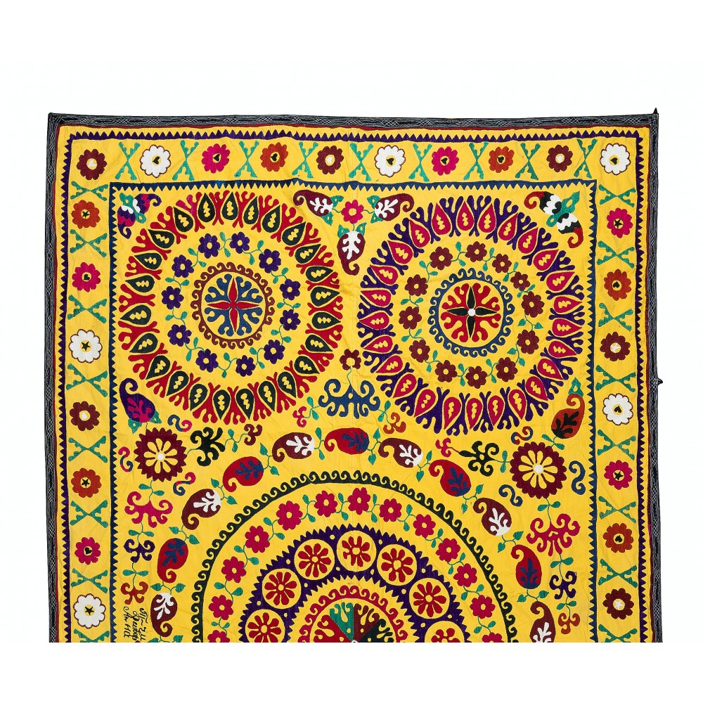 Vintage Silk Embroidery Bedspread, Yellow Wall Hanging, Suzani Tablecloth