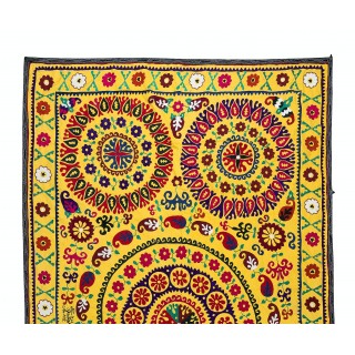 Vintage Silk Embroidery Bedspread. Yellow Wall Hanging. Suzani Tablecloth Vintage Silk Embroidery Bedspread. Yellow Wall Hanging. Suzani Tablecloth