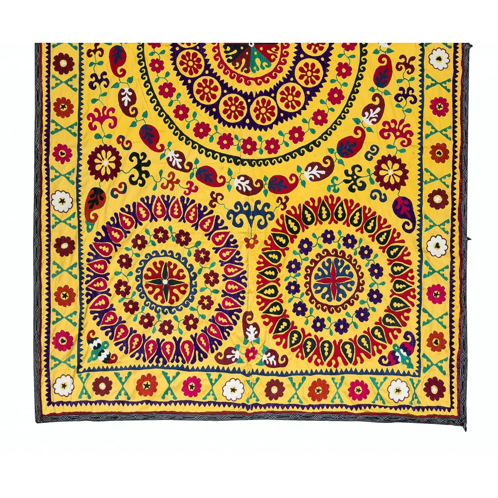 Vintage Silk Embroidery Bedspread, Yellow Wall Hanging, Suzani Tablecloth
