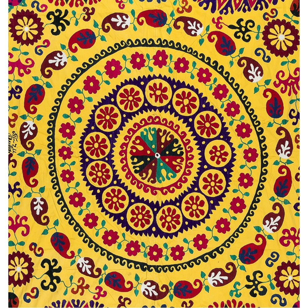 Vintage Silk Embroidery Bedspread, Yellow Wall Hanging, Suzani Tablecloth