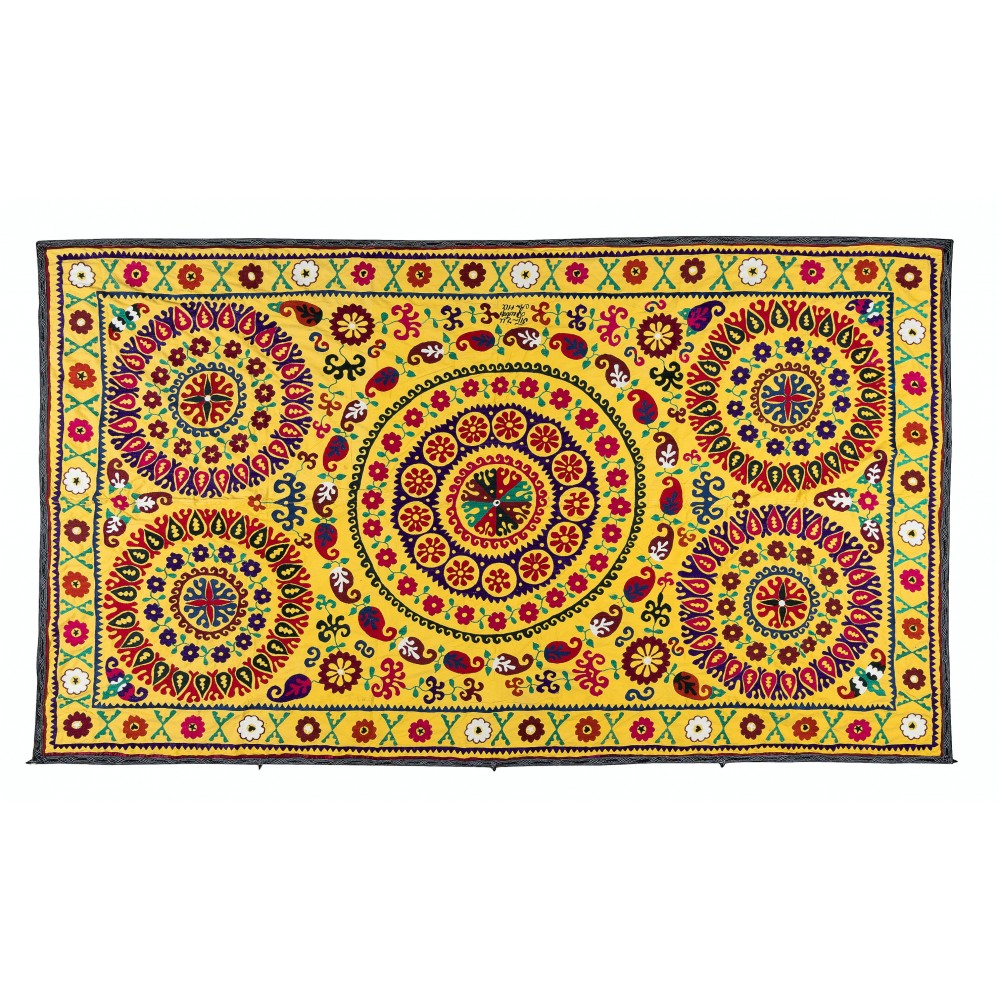 Vintage Silk Embroidery Bedspread, Yellow Wall Hanging, Suzani Tablecloth
