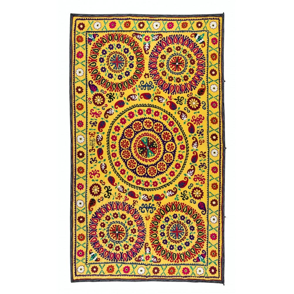 Vintage Silk Embroidery Bedspread, Yellow Wall Hanging, Suzani Tablecloth