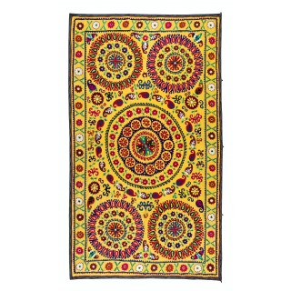 Vintage Silk Embroidery Bedspread. Yellow Wall Hanging. Suzani Tablecloth