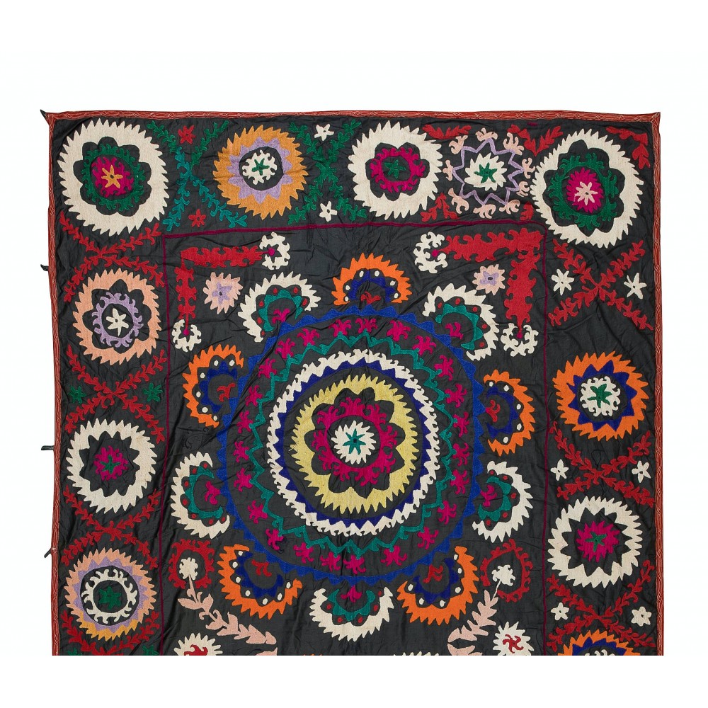 Vintage Silk Hand Embroidery Bed Cover, Uzbek Suzani Wall Hanging