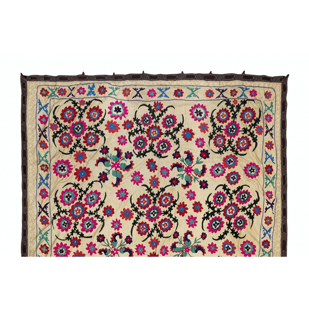 Vintage Silk Hand Embroidery Bed Cover, Authentic Suzani Wall Hanging From Central Asia
