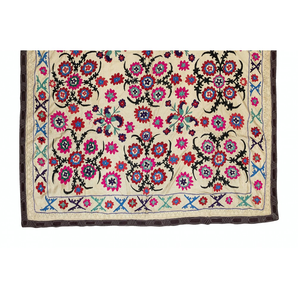 Vintage Silk Hand Embroidery Bed Cover, Authentic Suzani Wall Hanging From Central Asia