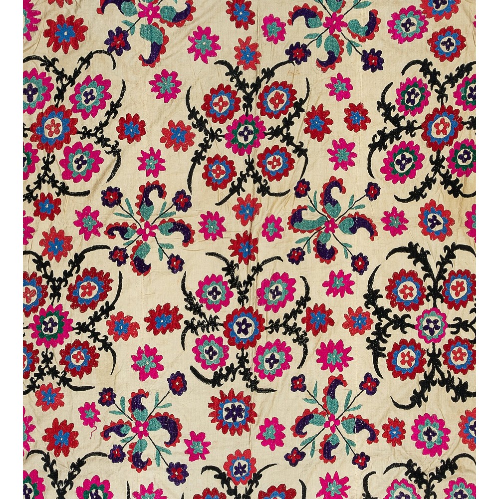 Vintage Silk Hand Embroidery Bed Cover, Authentic Suzani Wall Hanging From Central Asia