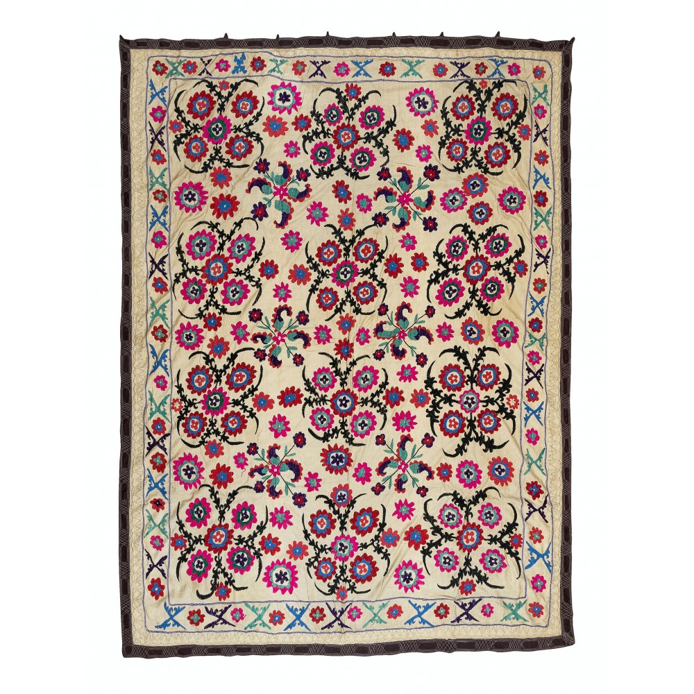 Vintage Silk Hand Embroidery Bed Cover, Authentic Suzani Wall Hanging From Central Asia