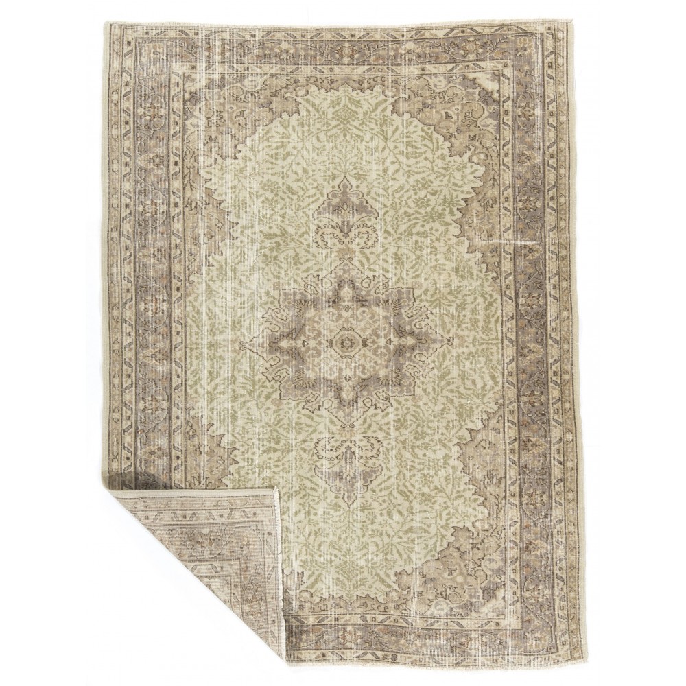 Vintage Handmade Sun Faded Oushak Wool Rug with Medallion Design