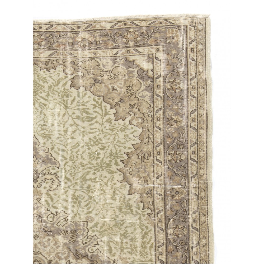 Vintage Handmade Sun Faded Oushak Wool Rug with Medallion Design