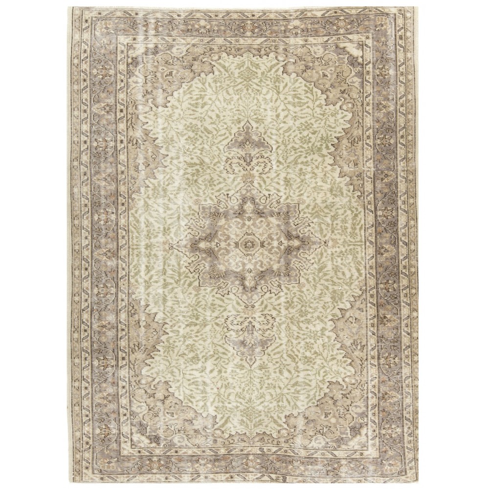 Vintage Handmade Sun Faded Oushak Wool Rug with Medallion Design