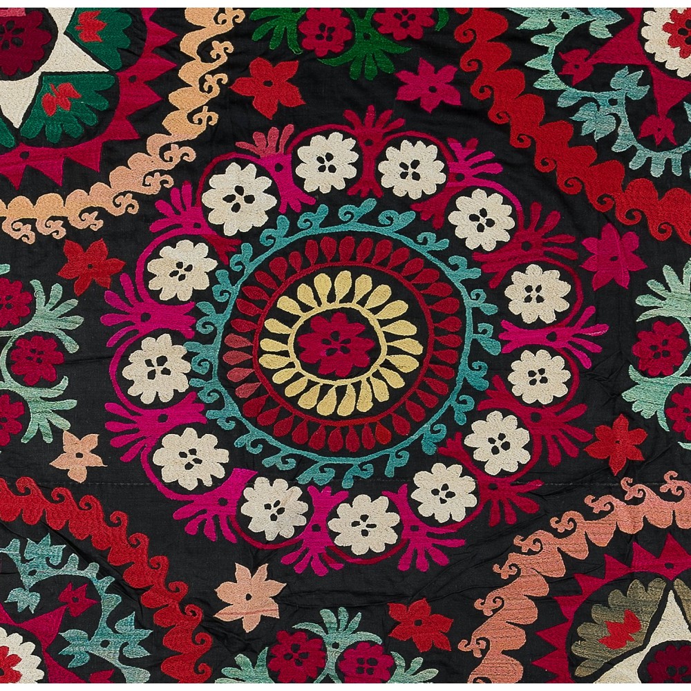 Vintage Silk Hand Embroidery Bed Cover, Central Asian Suzani Wall Hanging