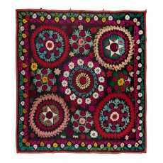 Vintage Silk Hand Embroidery Bed Cover. Suzani Textile Wall Hanging. One-of-a-kind Tablecloth