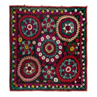 Vintage Silk Hand Embroidery Bed Cover. Suzani Textile Wall Hanging. One-of-a-kind Tablecloth