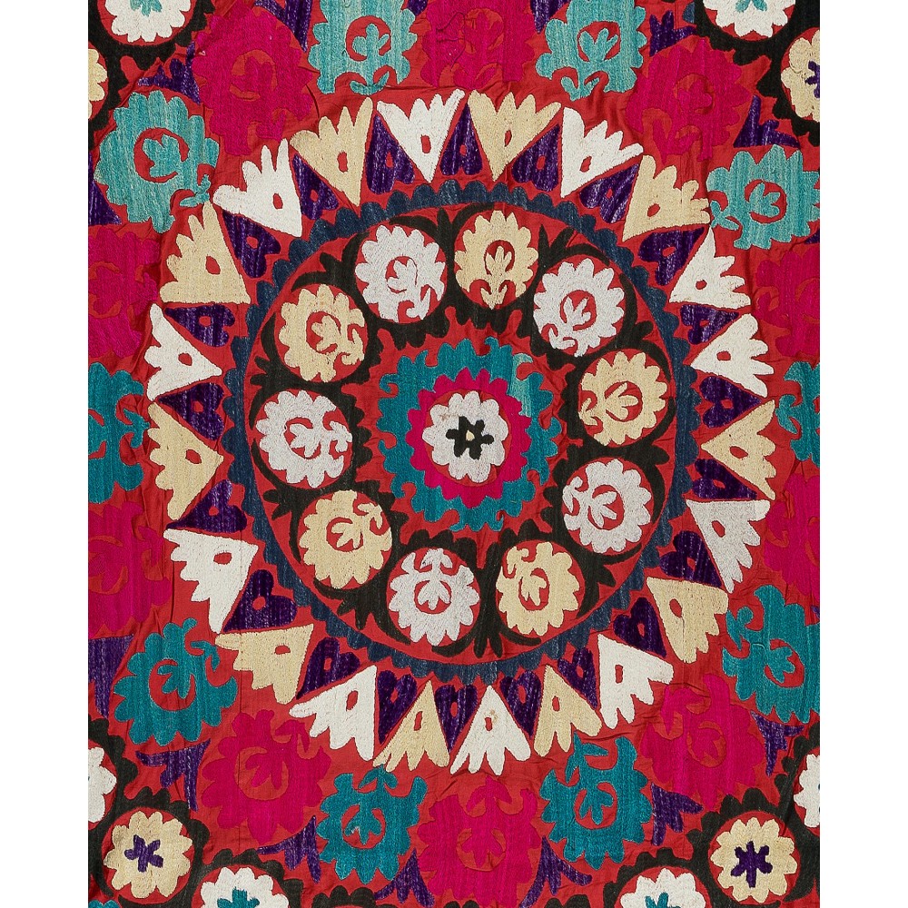Vintage Silk Hand Embroidery Bed Cover, Central Asian Suzani Wall Hanging